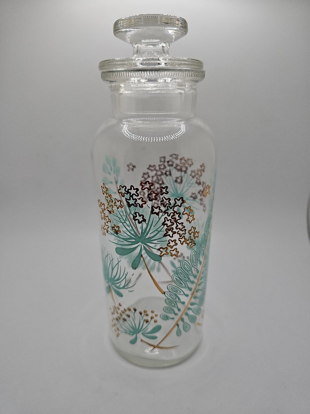 Vintage Mid Century Apothecary Storage Jar Aqua Gold Floral Motiff